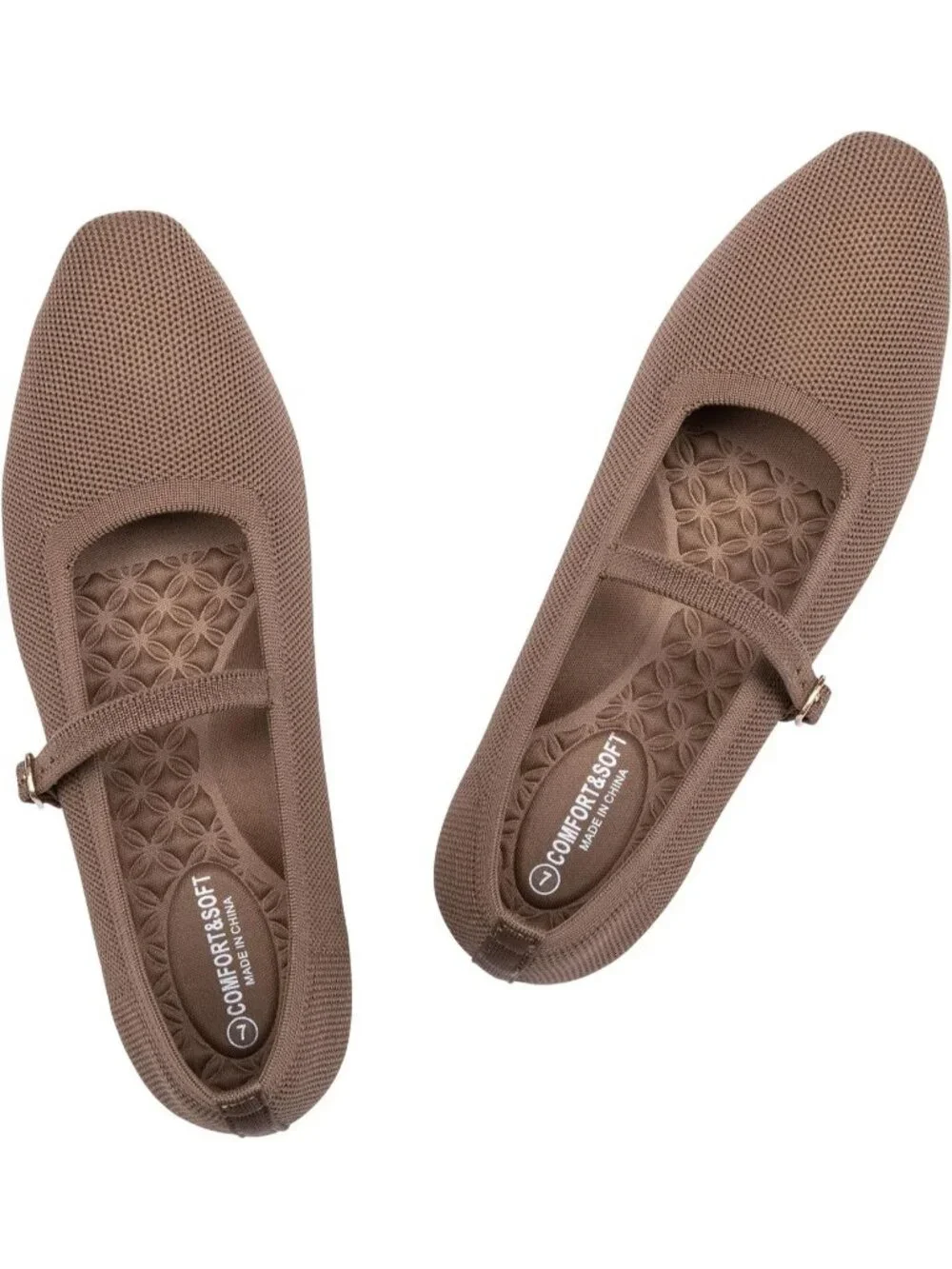 Women's Coffee Rubber Knit Square Toe Ballet Flats With Strap Comfortable Shoes